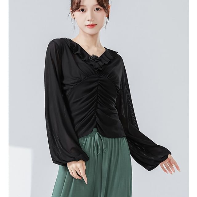 femmal-Long-Sleeve V-Neck Plain Ruffle Ruched Dance Top