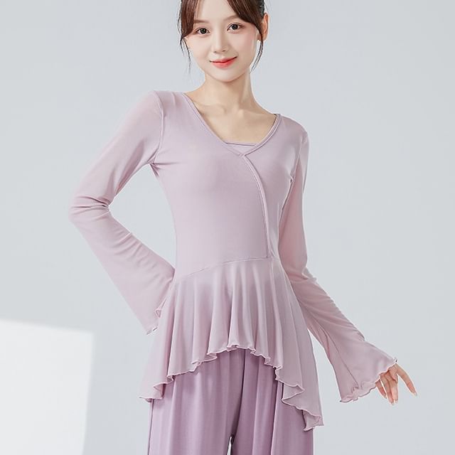 femmal-Long-Sleeve V-Neck Plain Ruffle Trim Dance Top