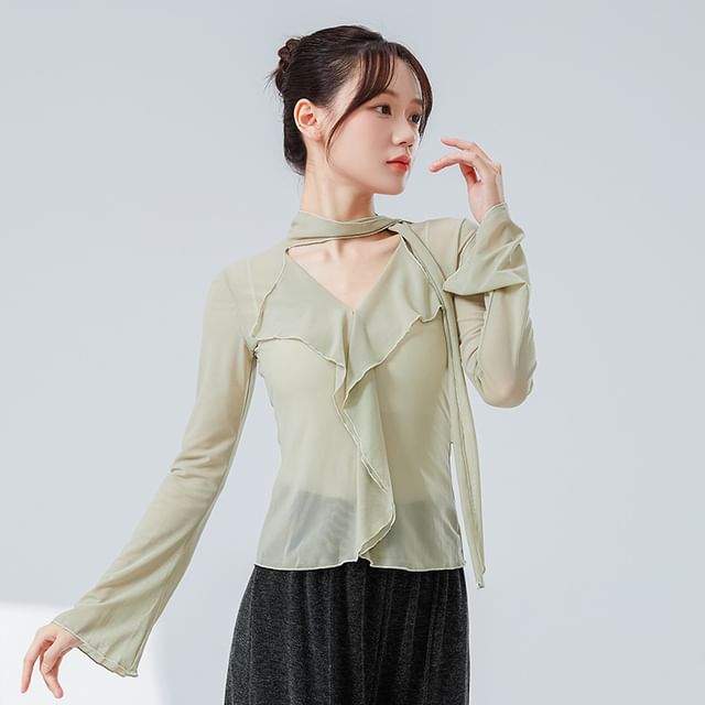 femmal-Long-Sleeve V-Neck Plain Ruffle Trim Dance Top