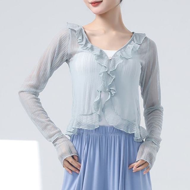 femmal-Long-Sleeve V-Neck Ruffle Sheer Crop Top