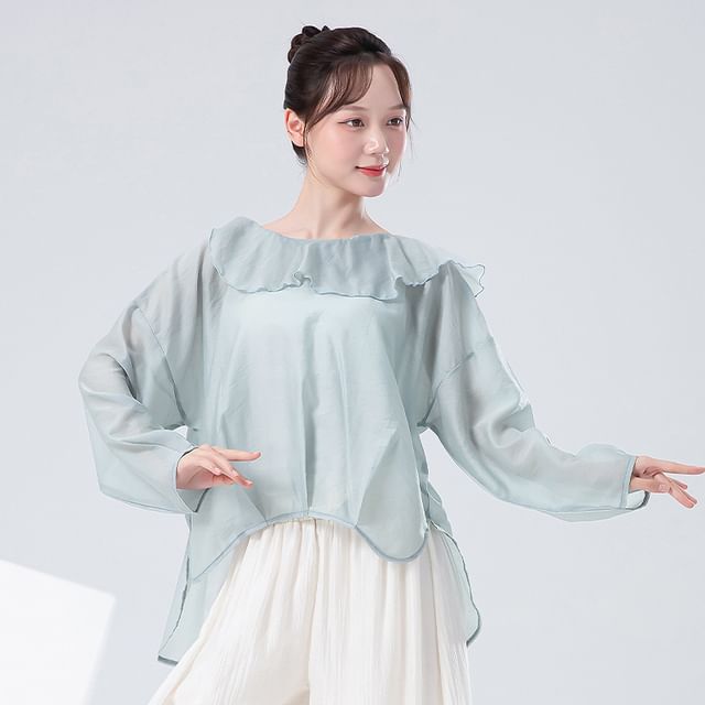 femmal-Puff-Sleeve Plain Ruffled Dance Top