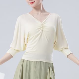 femmal-Puff-Sleeve V-Neck Plain Shirred Dance Top