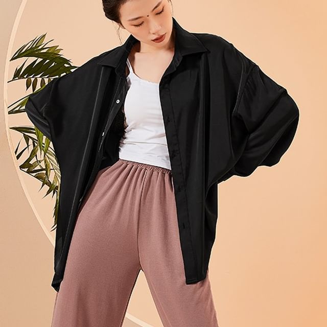 femmal-Satin Button-Up Dance Chiffon Shirt