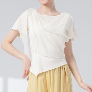 femmal-Short Sleeve Crew Neck Plain Asymmetrical Panel Mesh Top