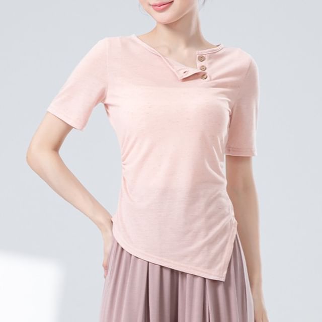 femmal-Short Sleeve Henley Plain Asymmetrical Top