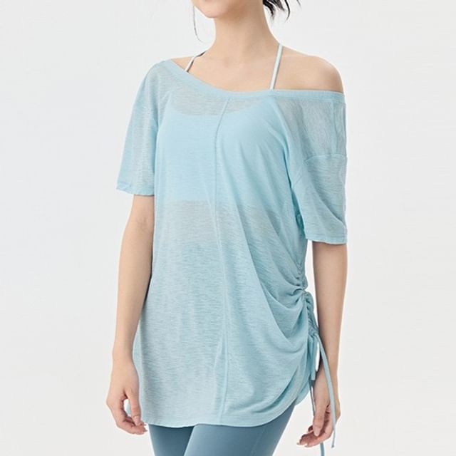 femmal-Short Sleeve V-Neck Plain Drawstring Tee
