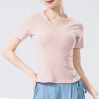 femmal-Short Sleeve V-Neck Plain Panel T-Shirt