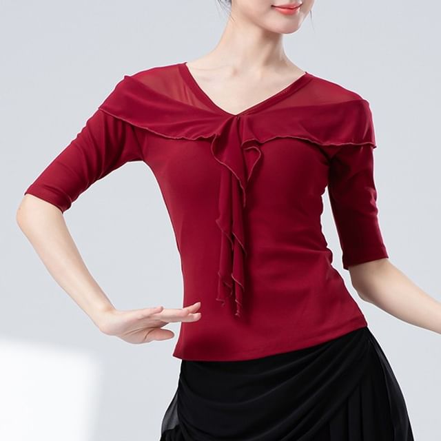 femmal-Short Sleeve V-Neck Plain Ruffle Panel Mesh Top