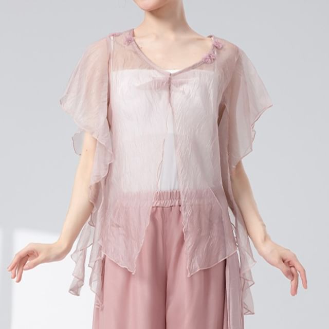 femmal-Short Sleeve V-Neck Plain Slit Sheer Top