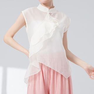 femmal-Sleeveless Mandarin Collar Plain Ruffle Asymmetrical Top