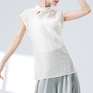 femmal-Sleeveless Stand Collar Cutout Jacquard Top