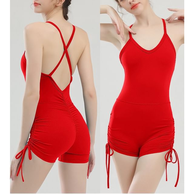 femmal-Spaghetti Strap V-Neck Plain Drawstring Romper