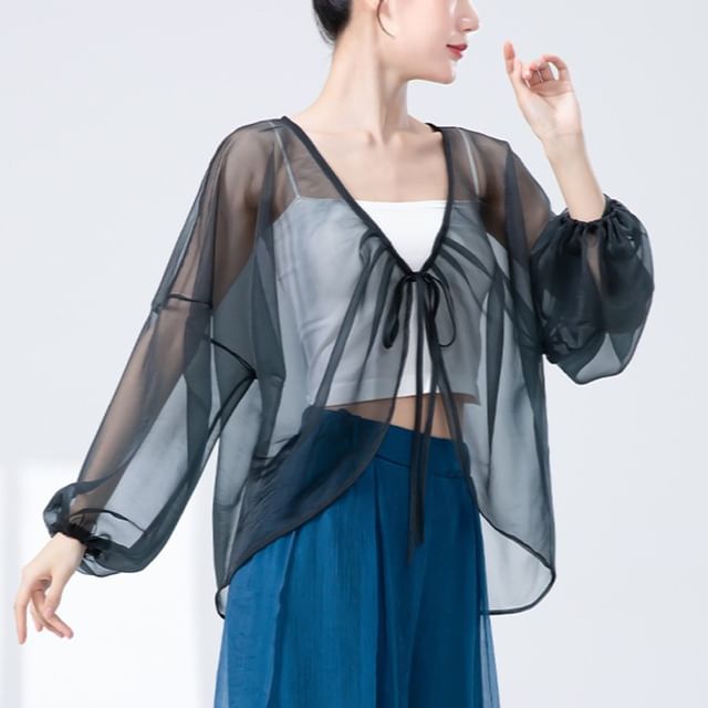 femmal-V-Neck Plain Sheer Tie Front Jacket