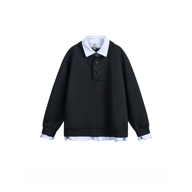 Ffodia-Collared Drop Shoulder Mock Two Piece Henley Sweatshirt