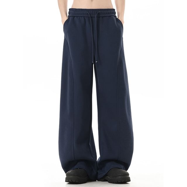 Ffodia-Drawstring Waist Plain Barrel Leg Wide Leg Sweatpants
