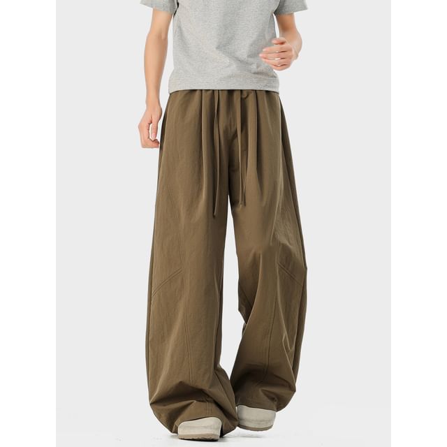 Ffodia-Drawstring Waist Plain Wide Leg Pants