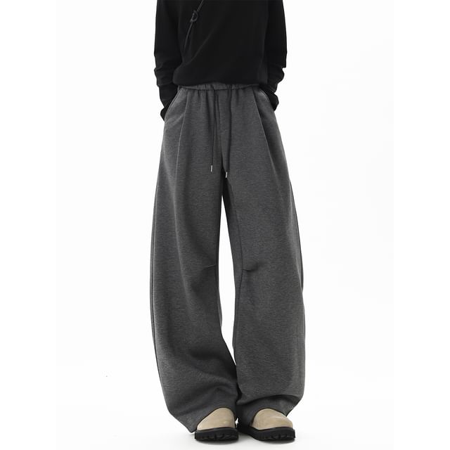 Ffodia-Drawstring Waist Plain Wide Leg Sweatpants