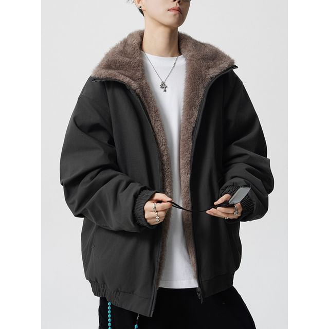 Ffodia-Fleece Collar Padded Zip-Up Jacket