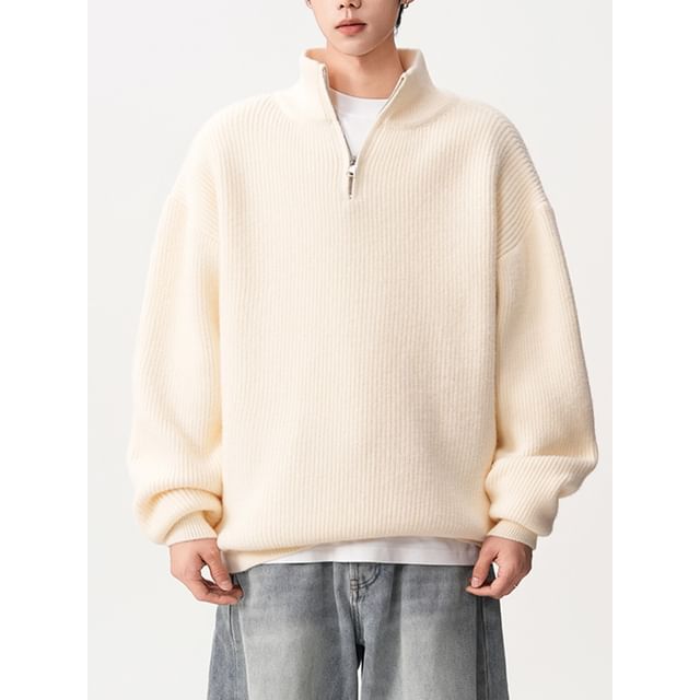 Ffodia-Half-Zip Plain Ribbed Sweater