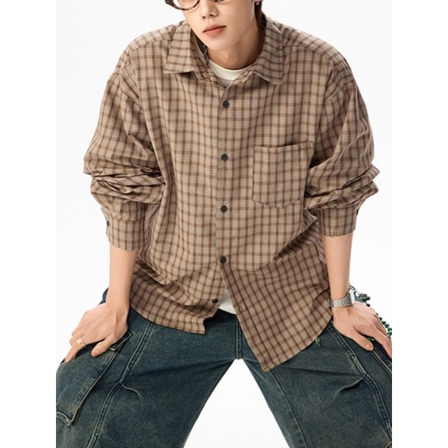 Ffodia-Long-Sleeve Collared Plaid Button Up Shirt