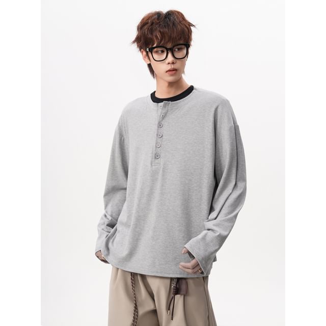 Ffodia-Long-Sleeve Henley Neck Plain T-Shirt