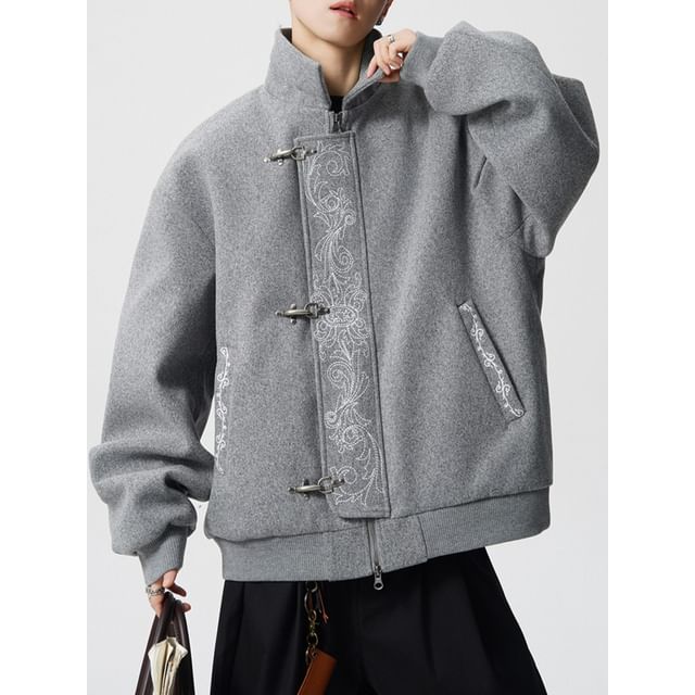 Ffodia-Stand Collar Print Clasped Jacket