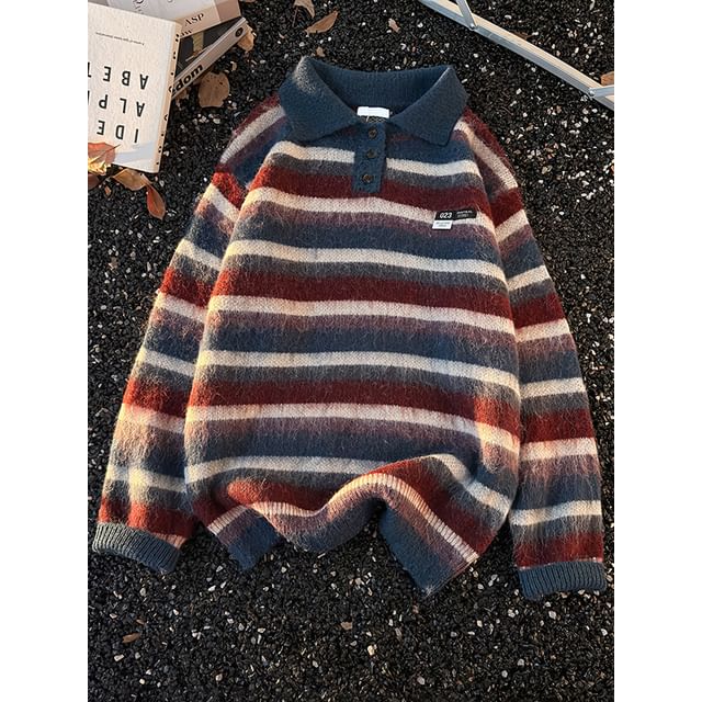 Filmas-Collar Henley Striped Sweater