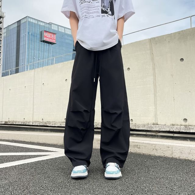 Filmas-Drawstring Waist Plain Ruched Wide Leg Pants