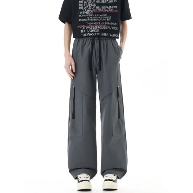 Filmas-Drawstring Waist Plain Wide Leg Cargo Pants