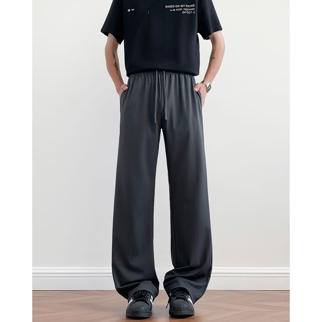 Filmas-Drawstring Waist Plain Wide Leg Pants