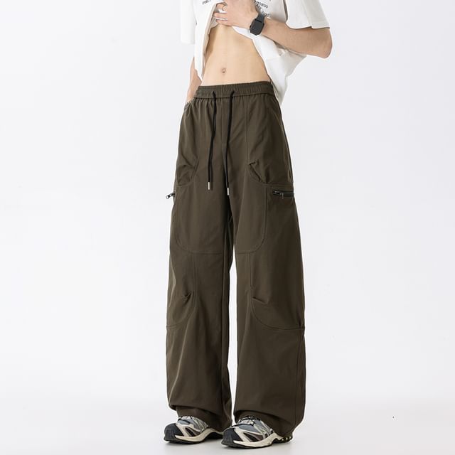 Filmas-Drawstring Waist Plain Wide Leg Pants