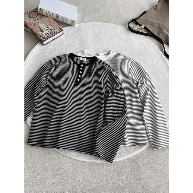 Filmas-Long-Sleeve Half Buttoned Striped T-Shirt