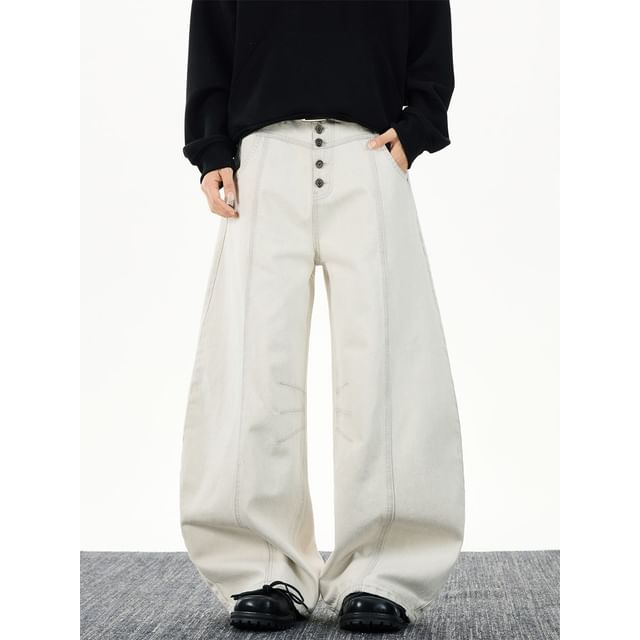 Filmas-Mid Rise Plain Wide Leg Jeans