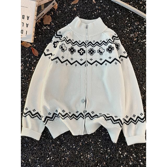 Filmas-Mock Neck Jacquard Zip Cardigan