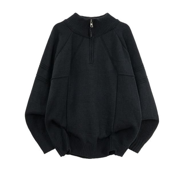 Filmas-Mock Neck Plain Panel Half-Zip Sweater