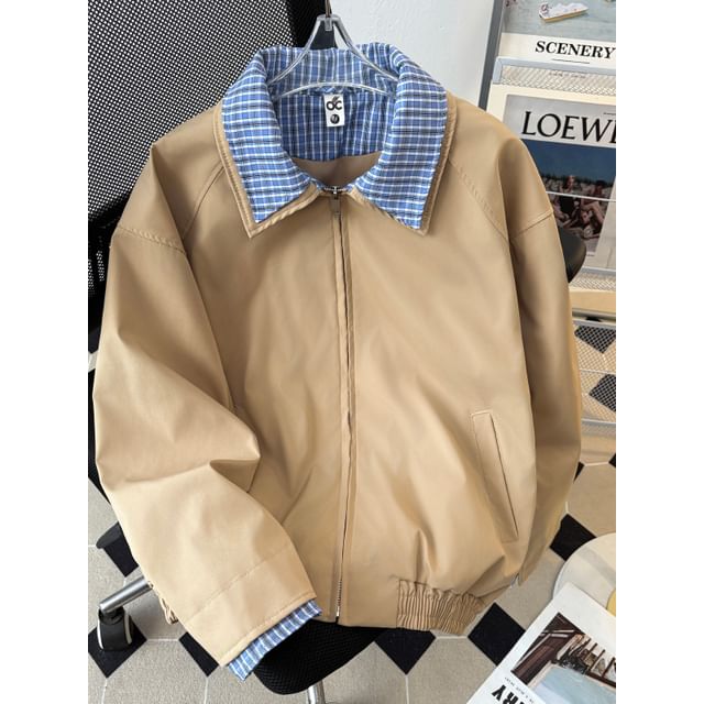 Filmas-Mock Two-Piece Plaid Lining Zip-Up Jacket
