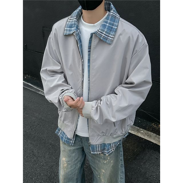 Filmas-Plaid Collar Zip-Up Jacket