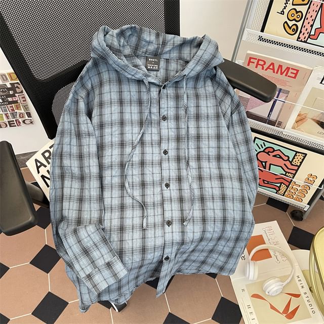 Filmas-Plaid Drawstring Hooded Button Jacket