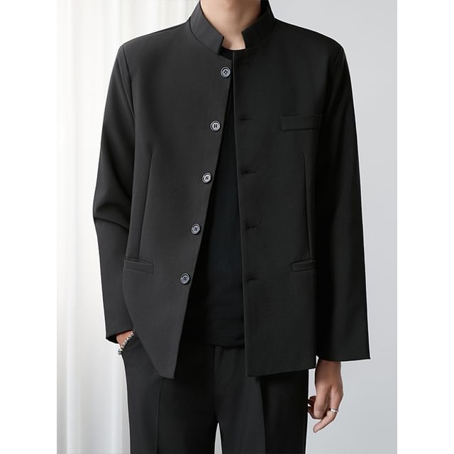 Filmas-Plain Stand Collar Button-Up Blazer