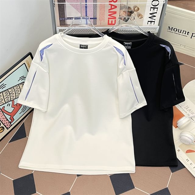 Filmas-Short-Sleeve Crew Neck Plain Patchwork T-Shirt