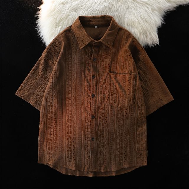 Filmas-Short-Sleeve Patterned Pocket Front Textured Shirt