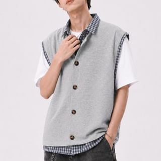 Filmas-Sleeveless Collared Plaid Panel Button Up Vest