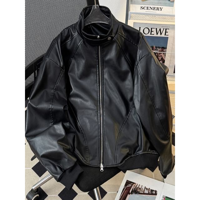 Filmas-Stand Collar Faux Leather Zip-Up Jacket