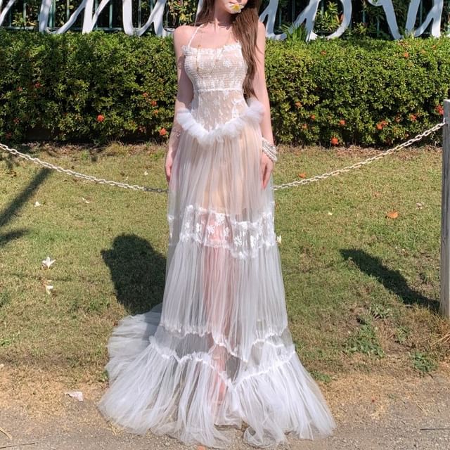 Fioridi-Halter Neck Mesh Maxi A-Line Dress