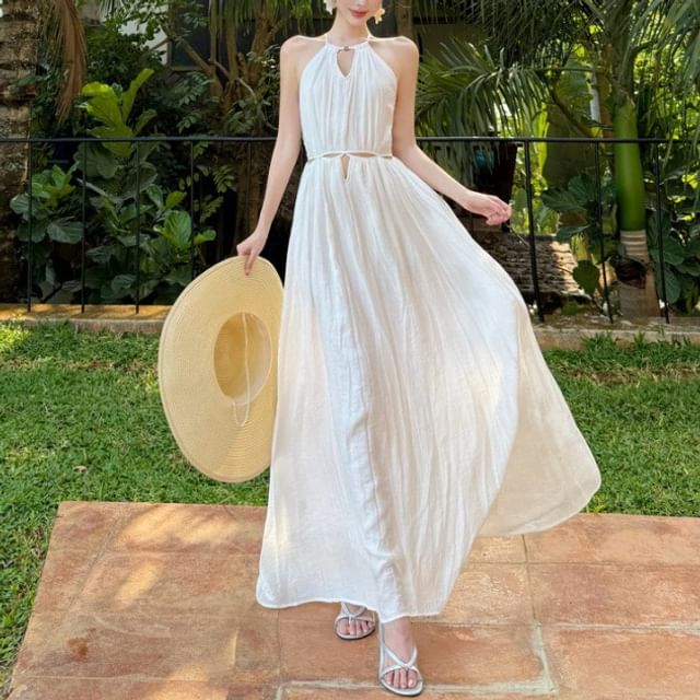 Fioridi-Halter Neck Plain Cutout Open Back Maxi A-Line Dress
