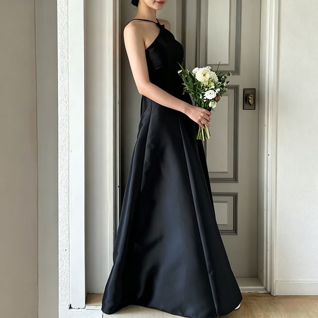 Fioridi-Halter Neck Satin A-Line Evening Gown