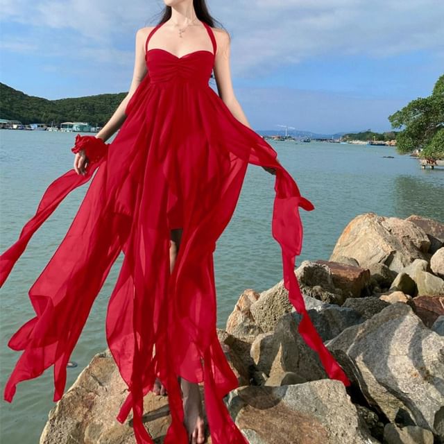 Fioridi-Halter Plain Slit Maxi A-Line Dress
