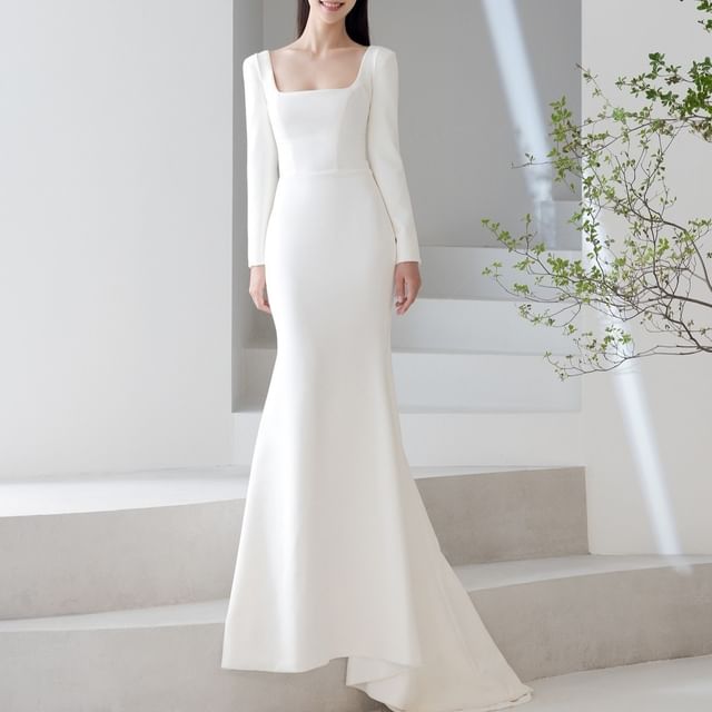 Fioridi-Long-Sleeve Square Neck Mermaid Evening Gown