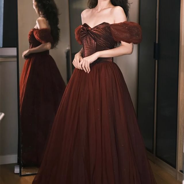 Fioridi-Off Shoulder Plain A-Line Evening Gown
