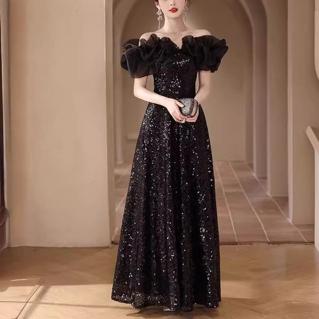Fioridi-Off-Shoulder Sequin Ruffle A-Line Evening Gown